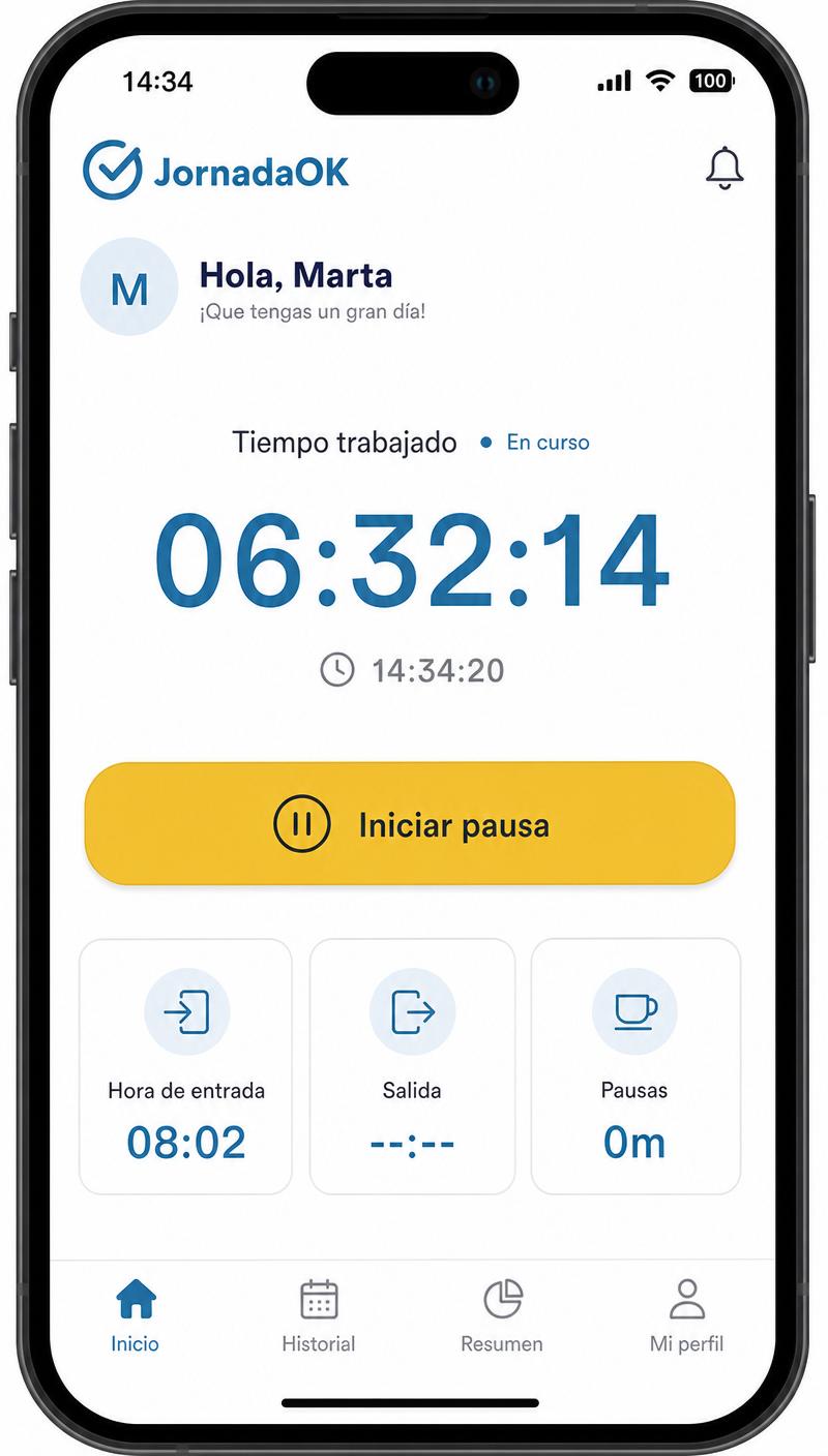 Pantalla principal del móvil de JornadaOK con el tiempo trabajado y el botón de iniciar pausa