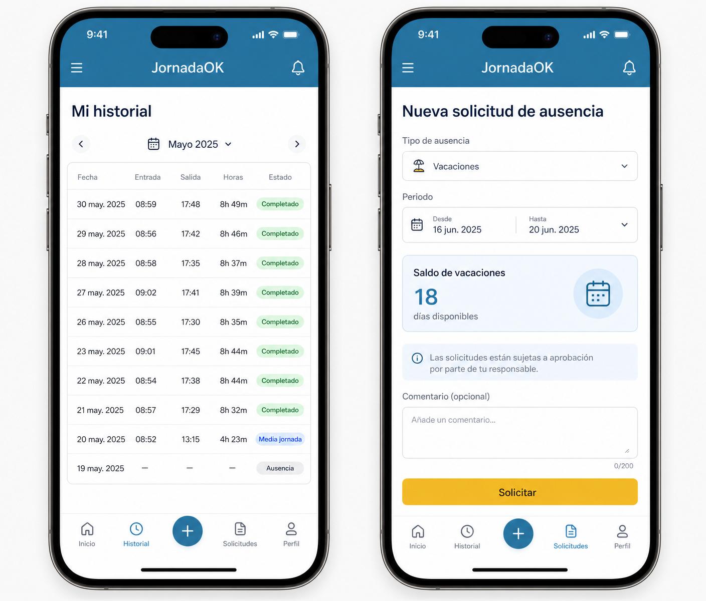 Pantallas móviles de JornadaOK mostrando el historial mensual y la solicitud de vacaciones
